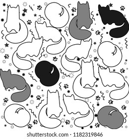 Vactor illustration pattern of cat. Black and white illustration.  Doodle cats