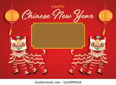 A vactor or illustration of a two Lion Dance wishing you happy chinese new year along with a lantern on a red background.