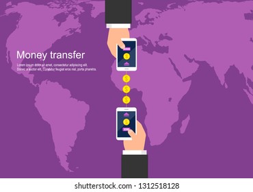 Vactor purple illustration Online transfer landing page. A man makes payments using the smartphone application.