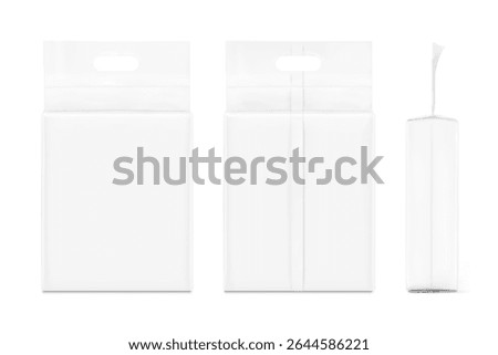 Vacuum bag with handle mockup for cat litter. Front, back and side background. Vector illustration isolated on white background. Ready for use in presentation, advertising. EPS10.