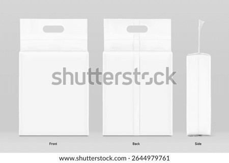 Vacuum bag with handle mockup for cat litter. Front, back and side background. Vector illustration isolated on grey background. Ready for use in presentation, advertising. EPS10.