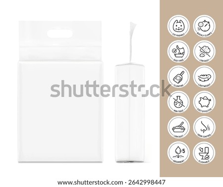 Vacuum bag with handle mockup with set icons for cat litter. Vector illustration isolated on white background. Set of sign for detailed guideline. Ready for use in presentation, advertising. EPS10.
