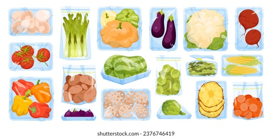 Bolsas de vacío y bandejas plásticas para mantener los productos alimenticios se muestran como ilustraciones vectoriales. Caricatura de recipientes aislados recogida con todo y corte las verduras en rodajas, envases transparentes y sobre