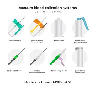 Vacuum blood collection systems vector icons isolated on white background. Medical illustration in flat design.