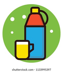 A vacuum bottle having liquid to drink during travel depicting thermos tea 