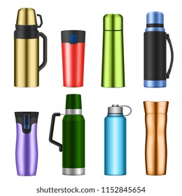 Vacuum bottles flask insulating storage vessels for drinks food classic modern realistic colorful set isolated vector illustration 