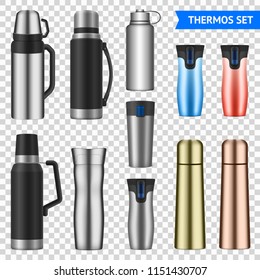 Vacuum bottles flasks insulating storage vessels for drinks food stainless steel  realistic varieties set transparent vector illustration 