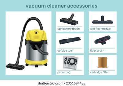 Vacuum cleaner accessories realistic infographic illustrating constituent parts of domestic equipment realistic vector illustration