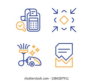 Vacuum cleaner, Bill accounting and Minimize icons simple set. Corrupted file sign. Vacuum-clean, Audit report, Small screen. Damaged document. Technology set. Linear vacuum cleaner icon. Vector