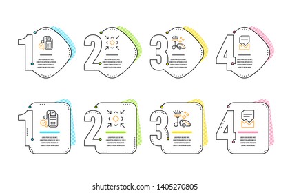 Vacuum cleaner, Bill accounting and Minimize icons simple set. Corrupted file sign. Vacuum-clean, Audit report, Small screen. Damaged document. Technology set. Infographic timeline. Vector