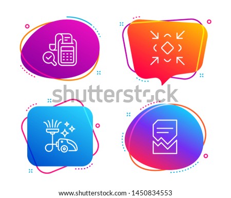 Vacuum cleaner, Bill accounting and Minimize icons simple set. Corrupted file sign. Vacuum-clean, Audit report, Small screen. Damaged document. Technology set. Speech bubble vacuum cleaner icon