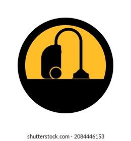 Vacuum cleaner, black and yellow colors, round sign for design on a white background, vector illustration