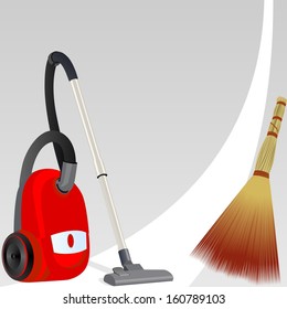 Vacuum cleaner and broom for cleaning the premises of a white clean line. Illustration on an abstract gray background.
