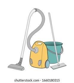 vacuum cleaner, bucket and mop. The concept of cleaning and cleanliness. vector illustration.