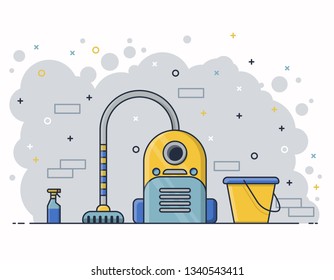 Vacuum cleaner, bucket and spray cleaner. Flat design illustration. Set of linear illustrations.