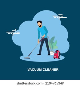 Vacuum cleaner by young man flat concept vector design on blue background