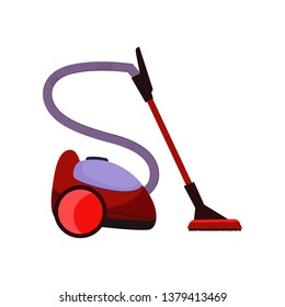 Vacuum cleaner cartoon illustration. Red device with hose and mop. Home appliance concept. Vector illustration can be used for topics like housekeeping, cleanup, carpet