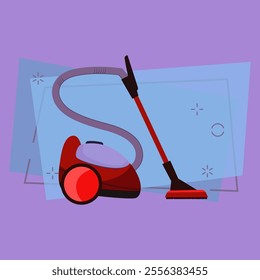 Vacuum cleaner cartoon illustration. Red device with hose and mop. Home appliance concept. Vector illustration can be used for topics like housekeeping, cleanup, carpet