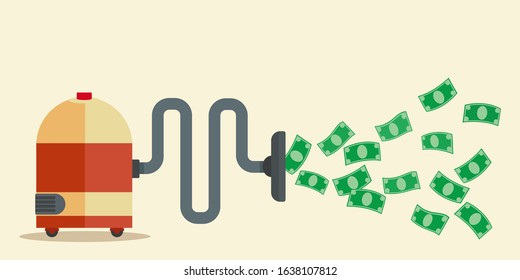 Vacuum Cleaner Catching Money Banknotes, Cash. Freebie, Easy Money And Success. Stealing Money From People. Blank Banner For Business. Vector Illustration, Flat Design Element, Isolated Background.