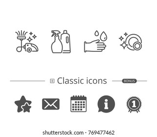 Vacuum Cleaner, Clean dishes and Rubber gloves line icons. Spray, Shampoo and Housekeeping equipment signs. Information speech bubble sign. And more signs. Editable stroke. Vector