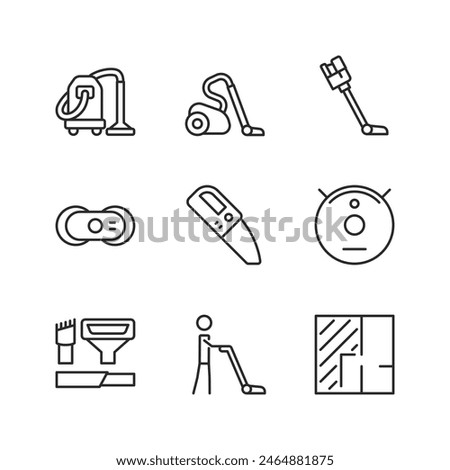 Vacuum Cleaner and Cleaning, linear style icon set. Various vacuum types for household and commercial use - upright, canister, handheld, robotic, car vacuums. Editable stroke width