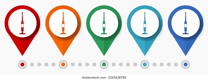 Vacuum cleaner concept vector icon set, flat design housework equipment pointers, infographic template easy to edit