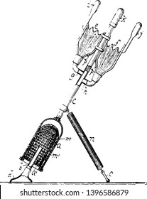 Vacuum cleaner is device used to remove dirt from floor it is light weight and is easily portable vintage line drawing or engraving illustration.