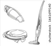 The vacuum cleaner is drawn by line. Household appliances isolate on white background. 
Set vertical vacuum cleaner, robot vacuum cleaner.