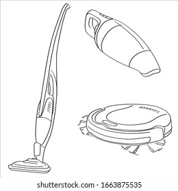 The vacuum cleaner is drawn by line. Household appliances isolate on white background. 
Set vertical vacuum cleaner, robot vacuum cleaner.