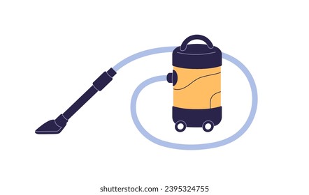 Vacuum cleaner. Electric home appliance, household machine for cleaning. Cleanup device with telescoping brush, hose and canister. Flat vector illustration isolated on white background