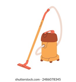Vacuum cleaner. Electric home appliance, household machine for cleaning. Cleanup device with telescoping brush, hose and canister. Flat vector illustration isolated on white background