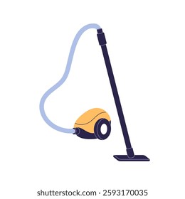 Vacuum cleaner. Electric household appliance with hose, canister and floor nozzle. Carpet cleaning equipment, dust suction tool. Home device. Flat vector illustration isolated on white background