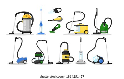 Vacuum cleaner. Electrical vacuum cleaner hoover different type. Home appliance cleaning equipment vector illustration. Classic, wireless, compact domestic machine set isolated