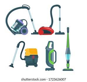 Vacuum cleaner equipment cartoon set. Washing robot cyclone and car vacuum cleaner. Professional cleaning equipment for home and business vector illustration