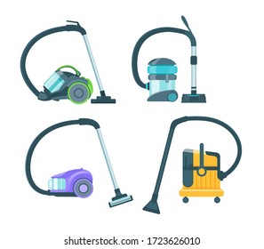 Vacuum cleaner equipment cartoon set. Washing robot cyclone and car vacuum cleaner. Professional cleaning equipment for home and business vector illustration
