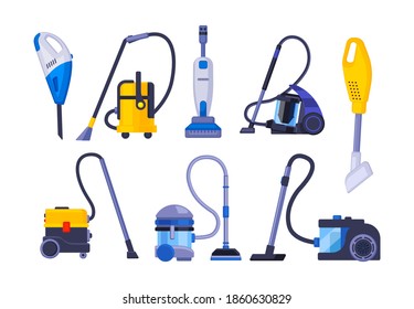 Vacuum cleaner equipment cartoon set. Washing robot cyclone and car vacuum cleaner. Professional cleaning equipment for home and business vector illustration