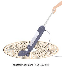 Vacuum cleaner in a female hand - cleaning the floor carpet - isolated on white background - vector. Hygiene. Disinfection. House cleaning. Household chemicals.