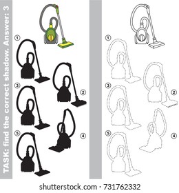Vacuum Cleaner to find the correct shadow, the matching educational kid game to compare and connect objects and their true shadows, simple gaming level for preschool kids.
