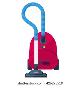 Vacuum cleaner flat icon. Red dustsucker. Domestic hoover.