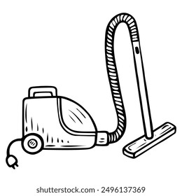 Vacuum cleaner hand drawn doodle. Electric tool for cleaning the house from dirt. Sweeping and mopping the floor. Laundry room. Vector outline line art illustration.