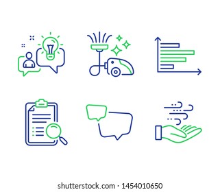 Vacuum cleaner, Horizontal chart and Idea line icons set. Search analysis, Speech bubble and Wind energy signs. Vacuum-clean, Presentation graph, Solution. Find survey. Technology set. Vector