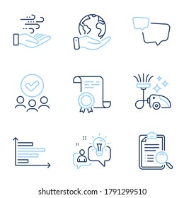 Limpiador de vacío, gráfico horizontal e iconos de línea de Idea. Certificado de Diploma, Salvar planeta, grupo de personas. Análisis de búsqueda, burbuja de voz y señales de energía eólica. Vector