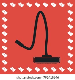 Vacuum Cleaner icon flat. Simple black pictogram on red background with white hearts for valentines day. Vector illustration symbol
