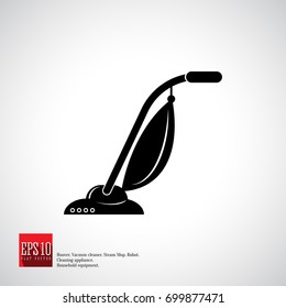 Vacuum cleaner icon, hand model with dust bag. Cleaning service device. 