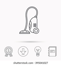 Vacuum cleaner icon. Housework device sign. Download arrow, lamp, learn book and award medal icons.