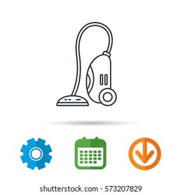 Vacuum cleaner icon. Housework device sign. Calendar, cogwheel and download arrow signs. Colored flat web icons. Vector