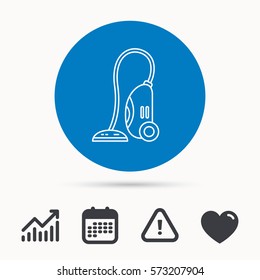Vacuum cleaner icon. Housework device sign. Calendar, attention sign and growth chart. Button with web icon. Vector