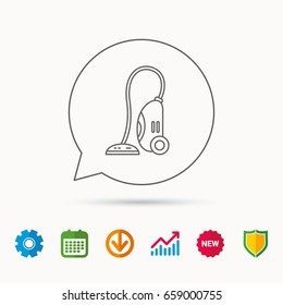 Vacuum cleaner icon. Housework device sign. Calendar, Graph chart and Cogwheel signs. Download and Shield web icons. Vector