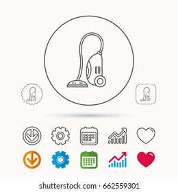 Vacuum cleaner icon. Housework device sign. Calendar, Graph chart and Cogwheel signs. Download and Heart love linear web icons. Vector