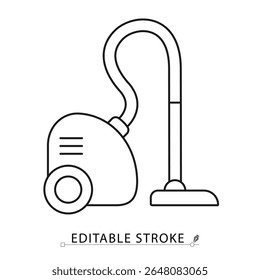 A vacuum cleaner icon in minimalist style with editable stroke. Household cleaning, floor care, electric appliance, dust removal tool, sanitation object, outline drawing, vector line illustration.